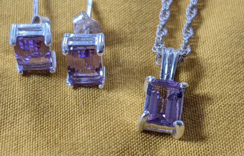 925 Sterling Silver Purple Amethyst Emerald Cut Jewelry Set Necklace Earrings